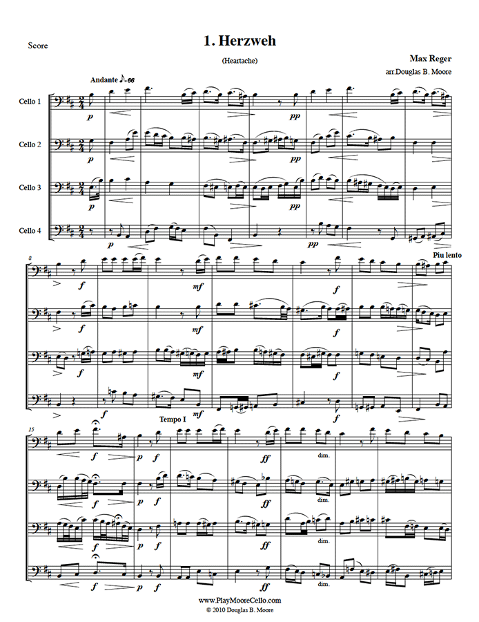 Reger - Folk Tunes in Bass Clef for Cello Quartet - Volume 1